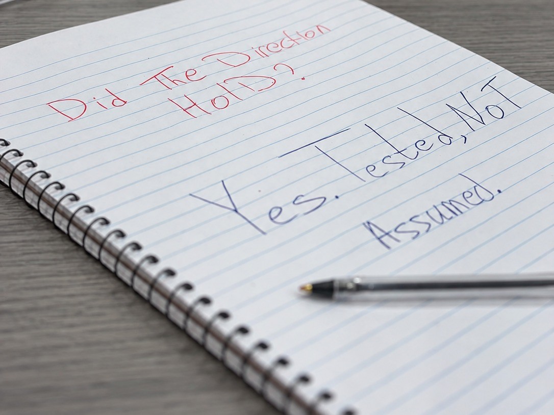 A handwritten note asking whether the direction held, answered: yes, tested, not assumed.